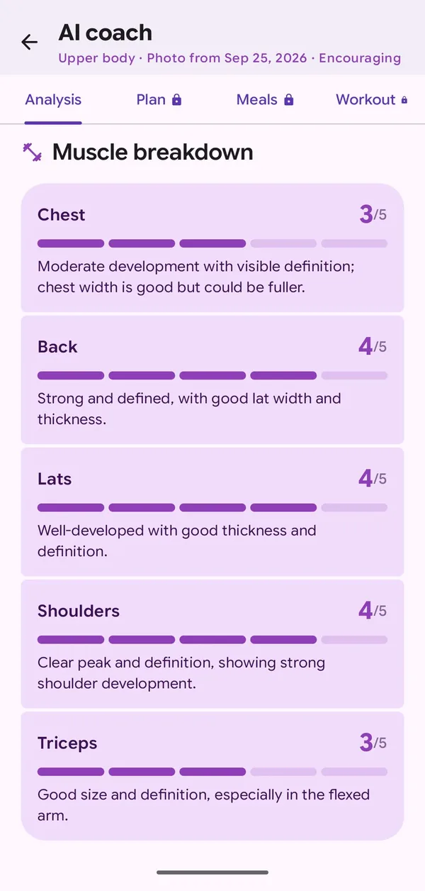AI muscle breakdown rating chest, back, lats, shoulders and triceps out of five