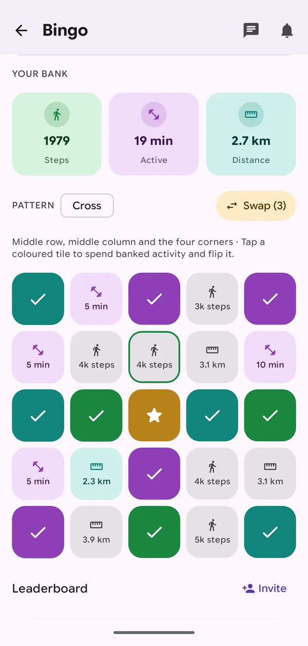 A fitness bingo board with several tiles flipped