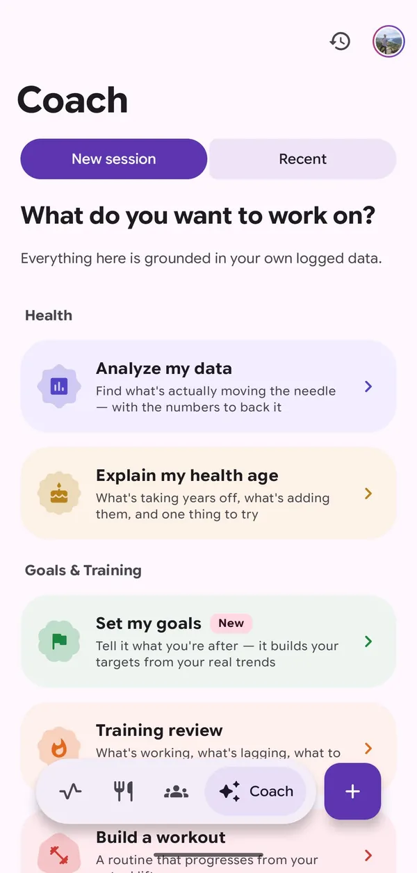 The Coach tab offering to analyse data, explain health age and set goals