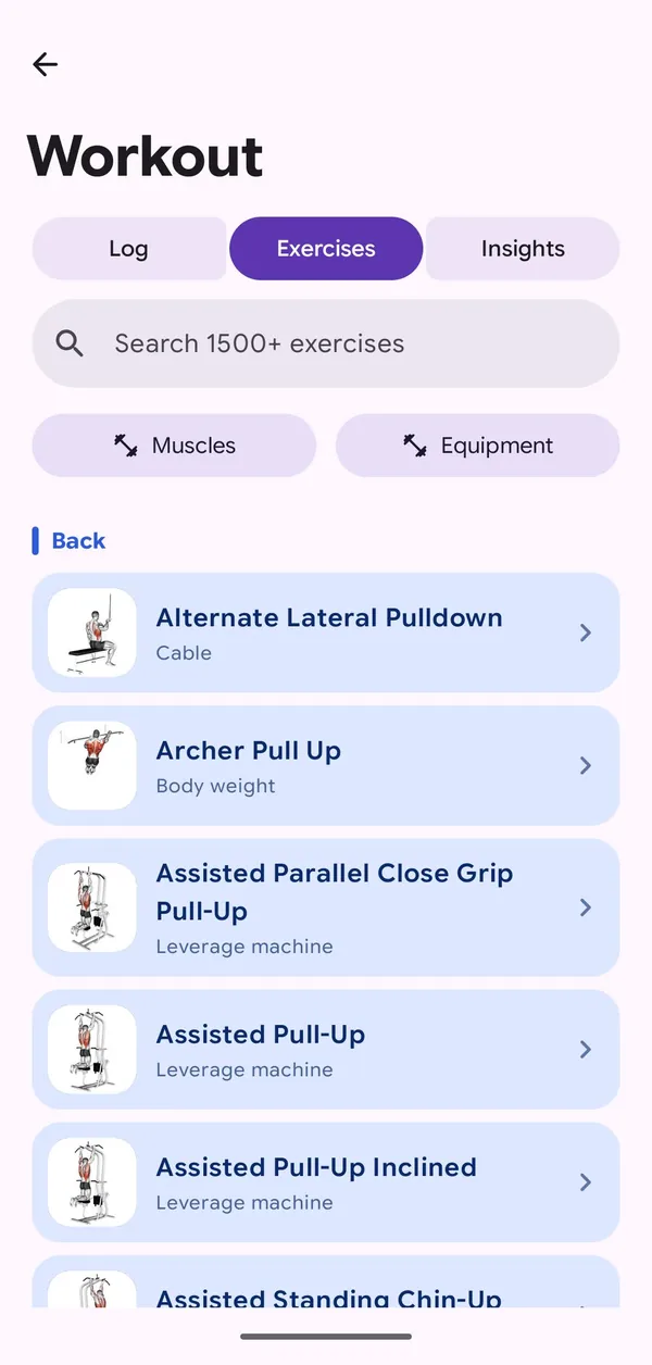 The exercise library filtered to back exercises