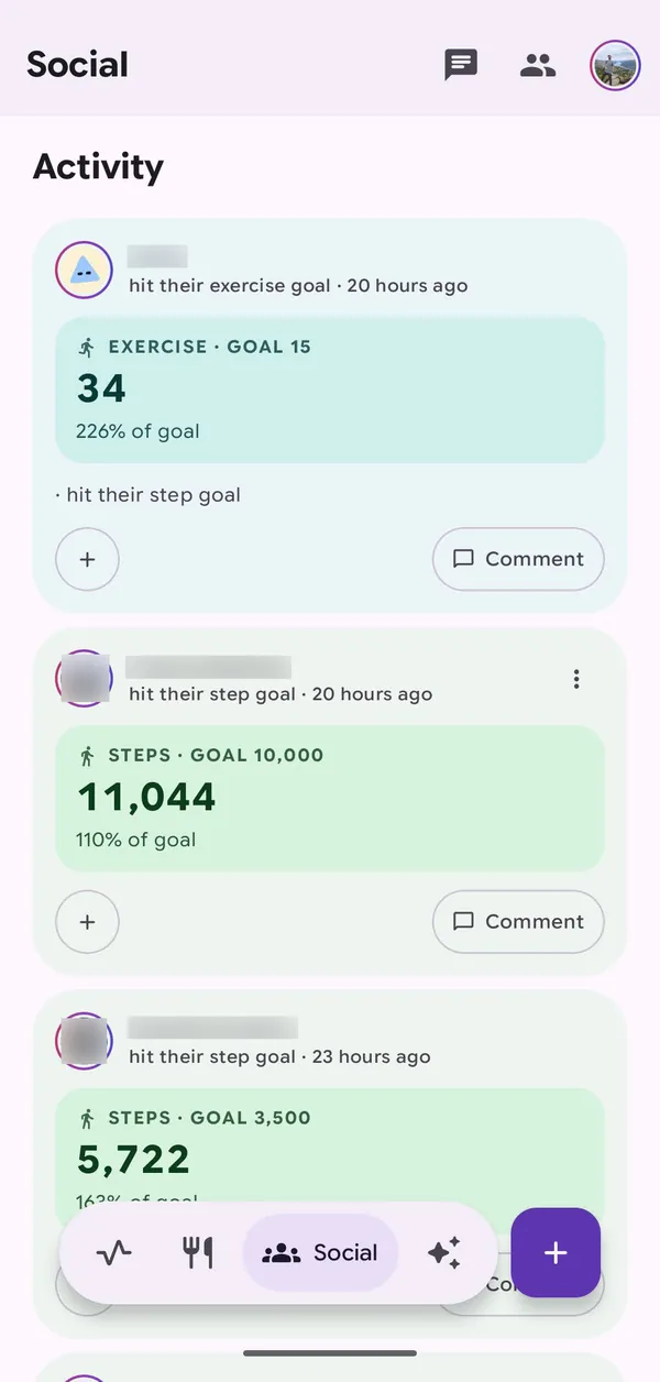 An activity feed of friends hitting their step and exercise goals