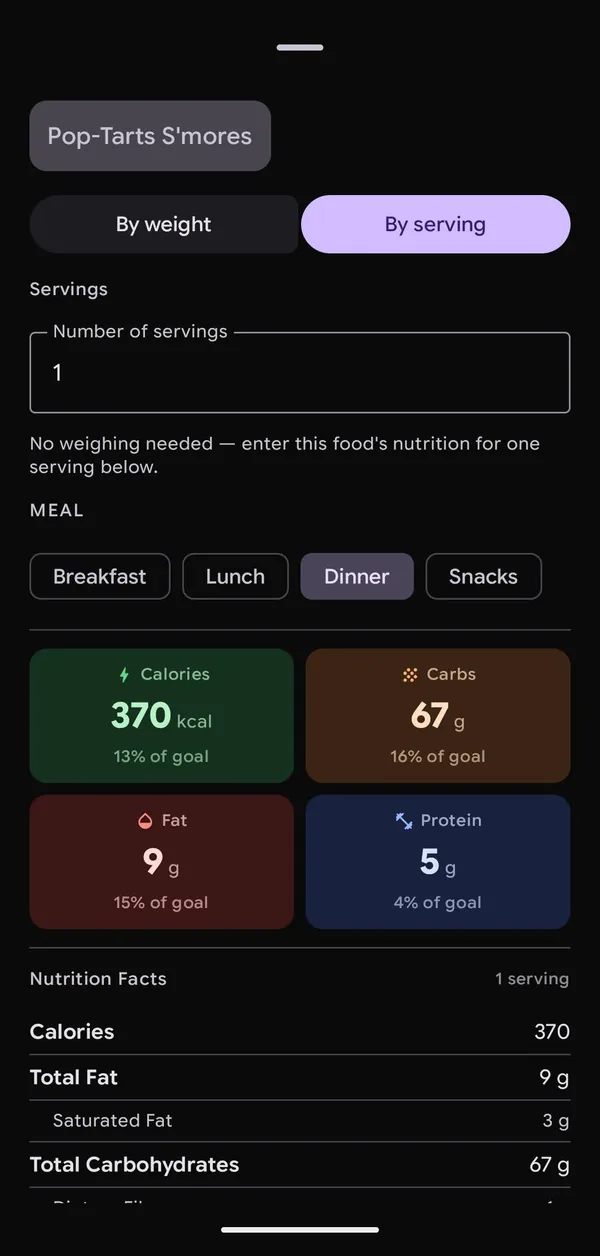 Logging a food by serving in dark mode, with calories, carbs, fat and protein