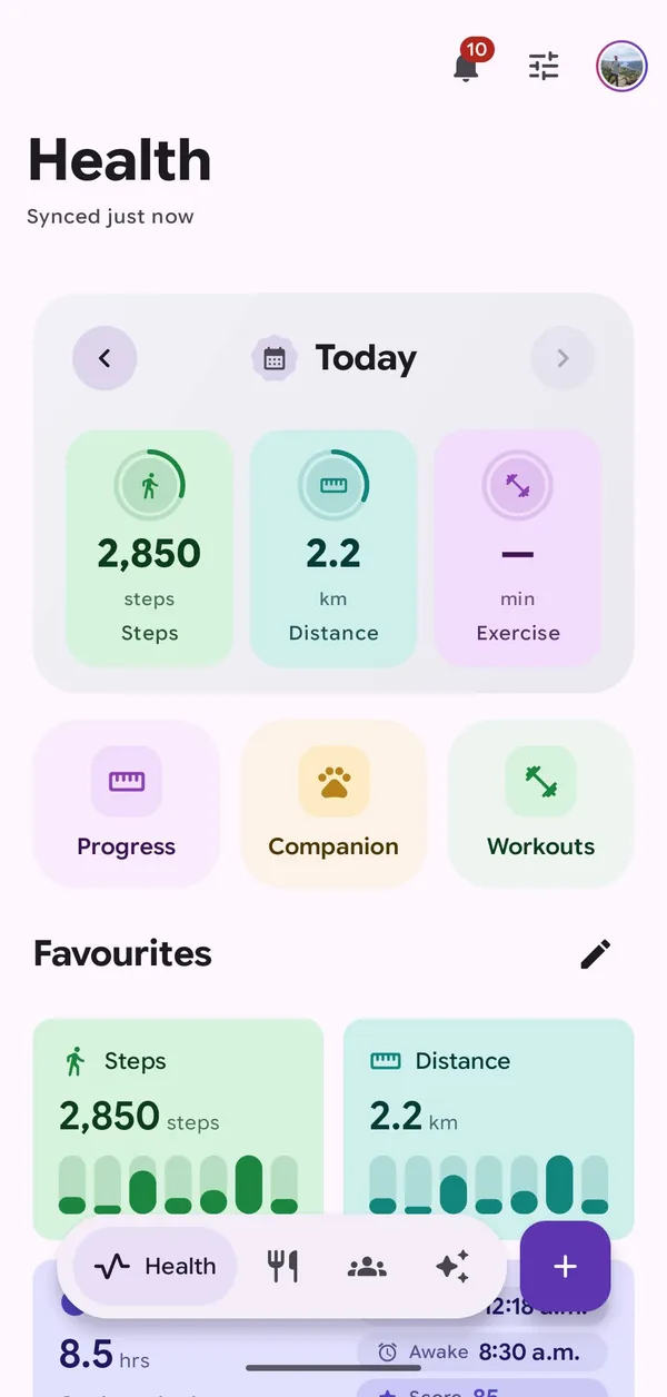 The Health dashboard showing steps, distance and exercise for today
