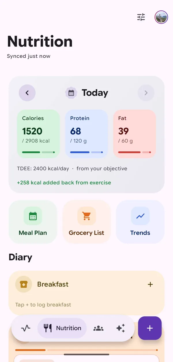 Nutrition dashboard showing calories, protein and fat for today