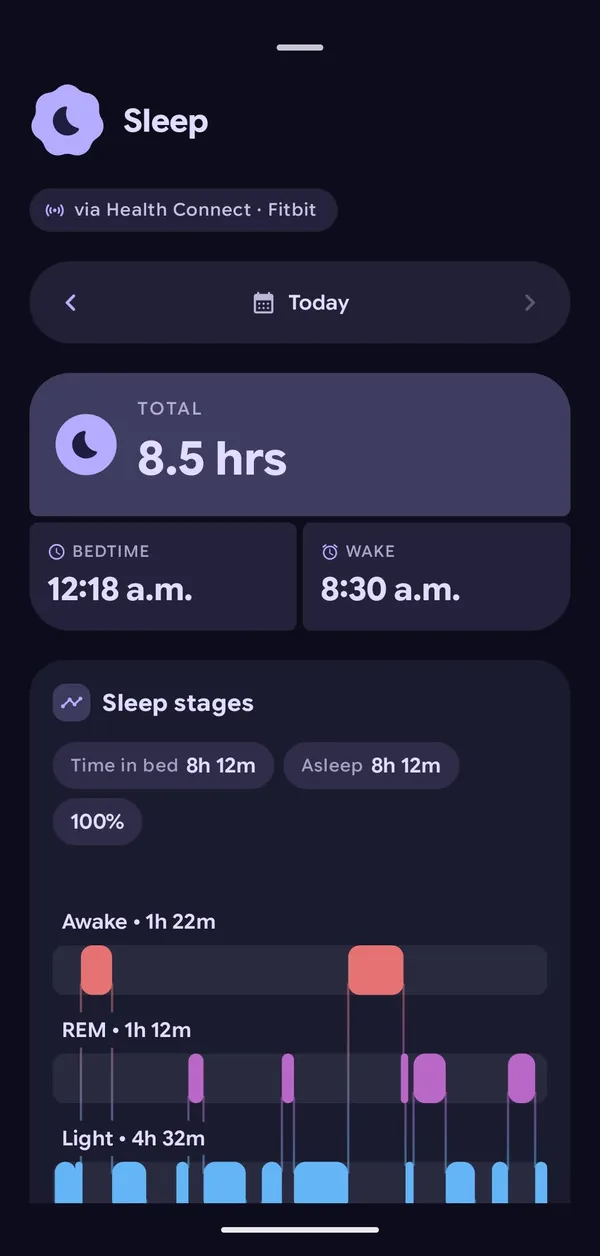 Sleep detail in dark mode showing 8.5 hours and sleep stages