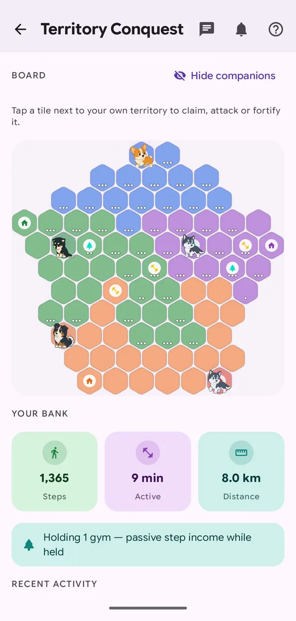 A Territory Conquest hex board with four players' territories and companions